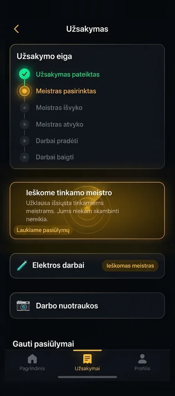 FixGo programėlės ekranas: užsakymo eiga
